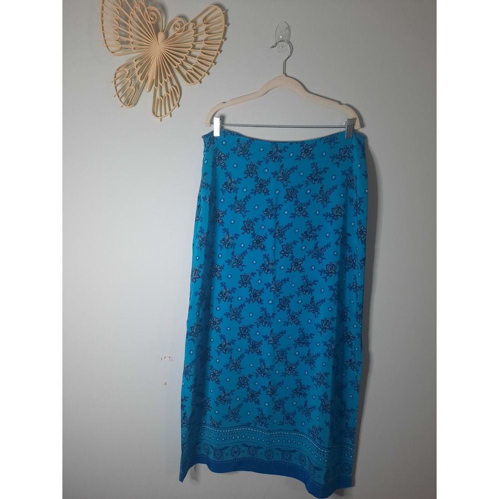Ballinger Gold Silk Maxi Skirt Blue Floral Paisley Print Side Slit Size L - Picture 6 of 6